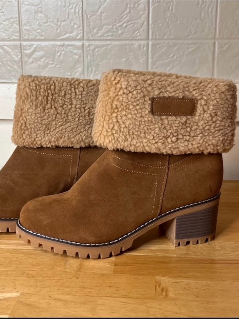 Women's Brown Suede Shearling-Cuff Block Heel Ankle Boots 7.5